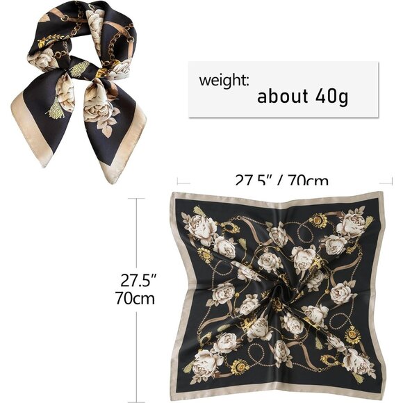 Women Black Flower Headscarf Satin Bandana Pattern Polyester Breathable Scarves - Picture 6 of 7